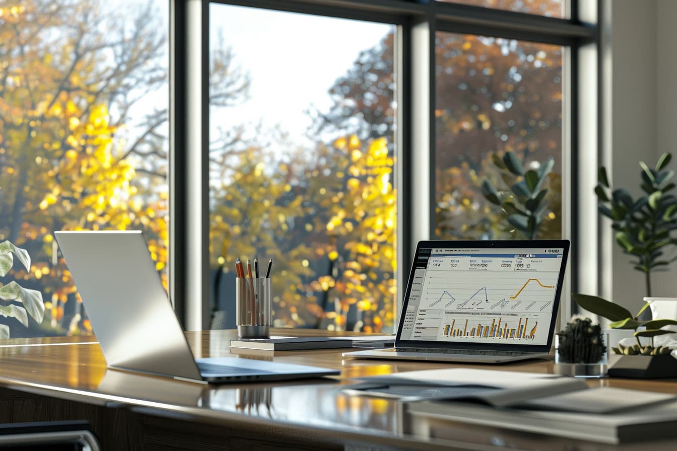 IT workspace with laptop and plants