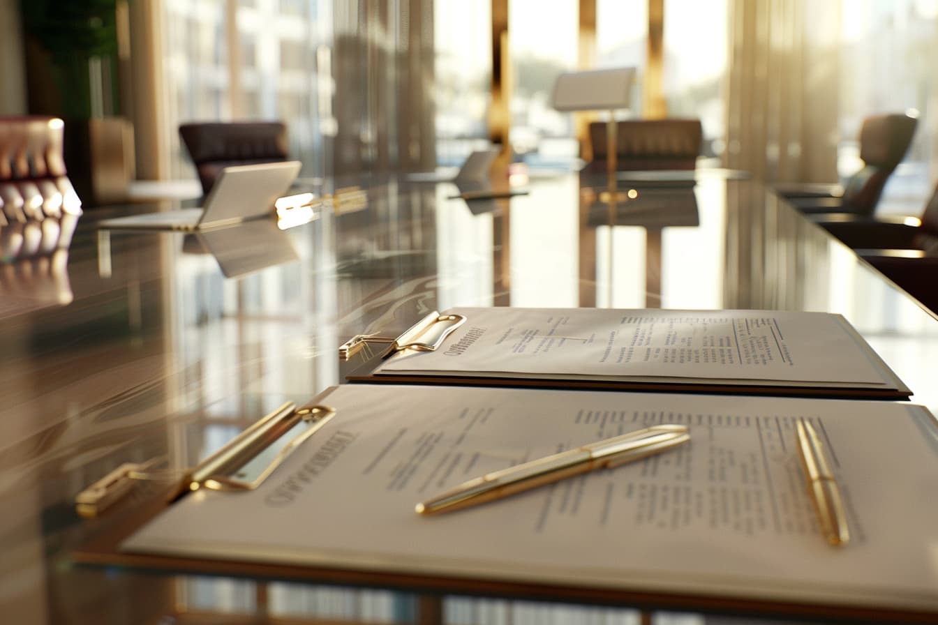 Boardroom table with contracts and pens
